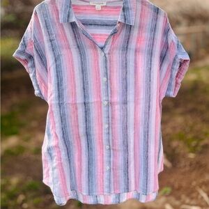 Linen lightweight striped summer shirt Beach Lunch Lounge Coastal Boho Large